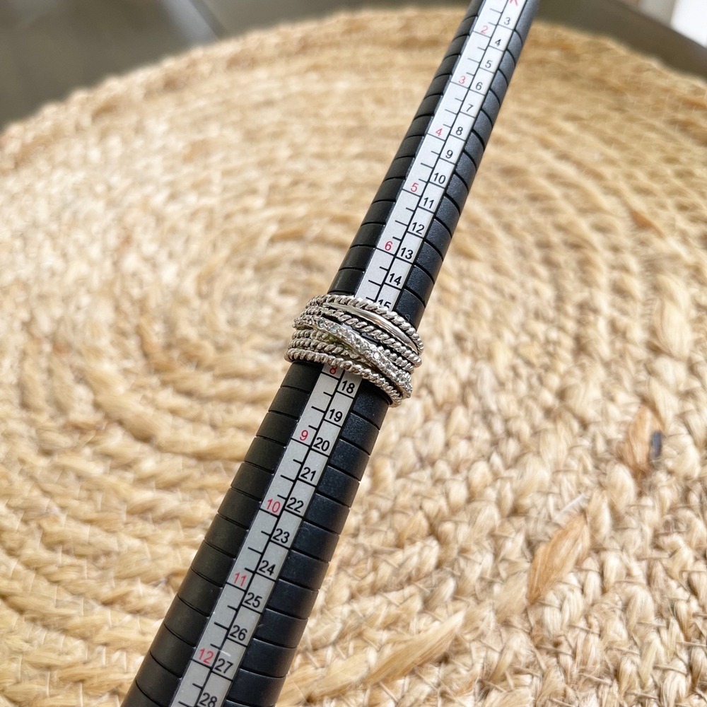 Silver Tone Multi Strand Twisted Cable Pave Crossover Ring Size 7.5